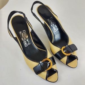 Ferragamo Tan and Black Pumps